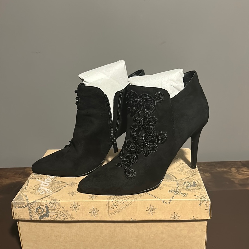 Stiletto Booties beaded floral velvet velour